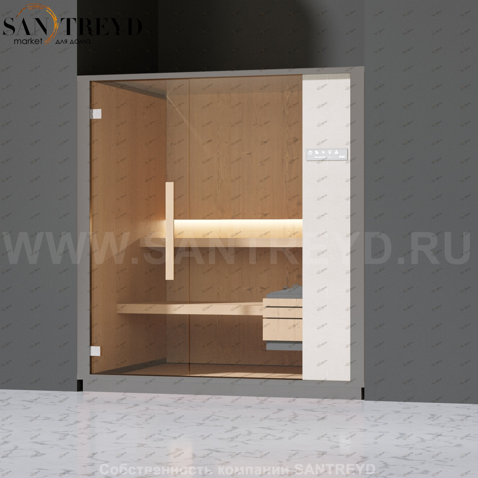 Effegibi ONE S LO50010009 Сауна. Установка: в нишу. Правая дверь. Мощность: 6 кВт макс. Размеры: длина 214 см, ширина 171 см. Отделка: канадский хемлок, матовый лакированный серый аллюминий и бежевый ламинат из керамогранита.