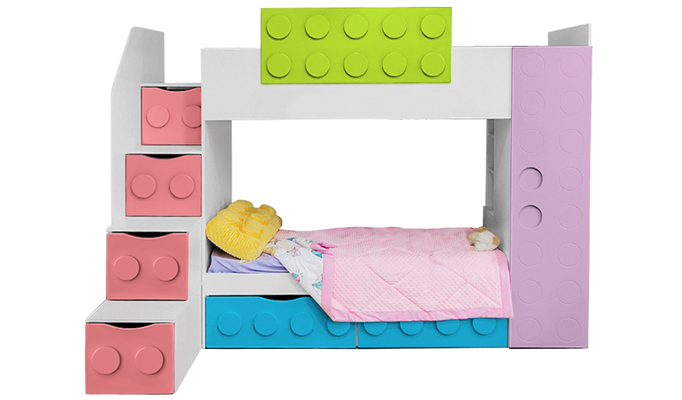 Кровать детская двухъярусная с 2 ящиками левая "Леголенд" МАНДАРИН ЛЕГОЛЕНД 178713 Разноцветный;белый;розовый Santreyd  - Вид №1