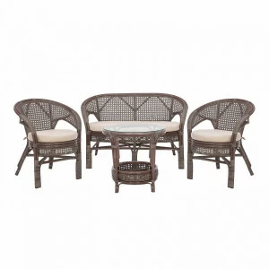 Лаундж зона из ротанга на 4 персоны с подушками кофе Pelangi IMPEX  00-3949998 Бежевый;коричневый