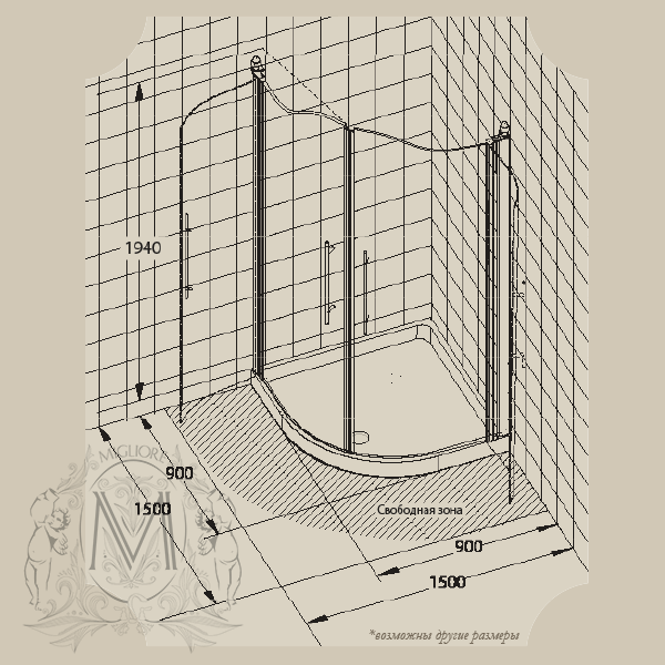 Душевой уголок MIGLIORE Diadema, 90 х 90 х 185 см, стекло прозрачное ML.DDM-22.791.TR.DO - Вид №2