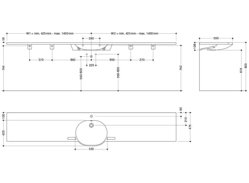 950.11.604S Умывальник различной длины HEWI Waschtische  - Вид №1