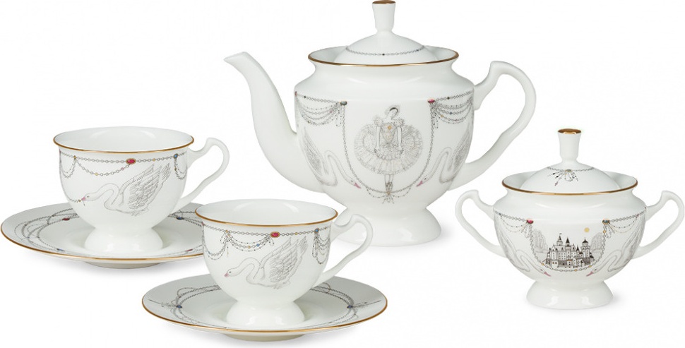 10628315 Императорский фарфоровый завод Сервиз чайный 6/14 "Айседора" "Волшебное лебедино озеро" Фарфор костяной 