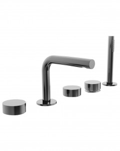 A265  Набортный смеситель для ваннывылет 15,5 см ручки на 5 отверстий переключатель на 2 потока с кнопкой ручная лейка FIT гибкий шланг 150 см картридж керамический 90° впуски 3/4'' подводка Fantini Rubinetti AF/21 НЕРЖАВЕЮЩАЯ СТАЛЬ