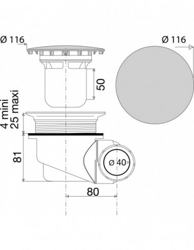 577800 000 00  Водоотводящий желоб для душевого поддона Д. 90 мм, круглая крышка из АБС-пластика, разнонаправленный выход, NC, хромирование Valentin Хром  - Вид №6