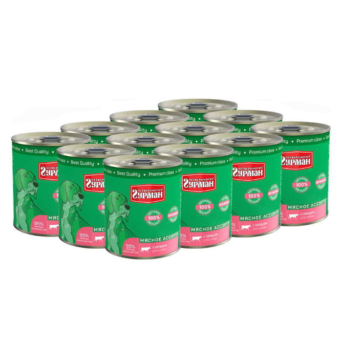 Т0055564*12 Корм для собак Мясное ассорти сердце конс. 340г (упаковка - 12 шт) ЧЕТВЕРОНОГИЙ ГУРМАН 