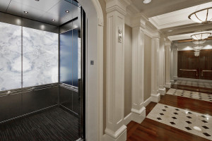 FSRT771 Интерьер лифта Levele-106 с панелями лайтплана из стекла vivistone pearl onyx, отделка pearlex +, подсветка; панели из стекла vivichrome chromis с прослойкой синего цвета и отделкой pearlex +, нержавеющая сталь, отделка seastone; квадрантные поруч Forms-surfaces 