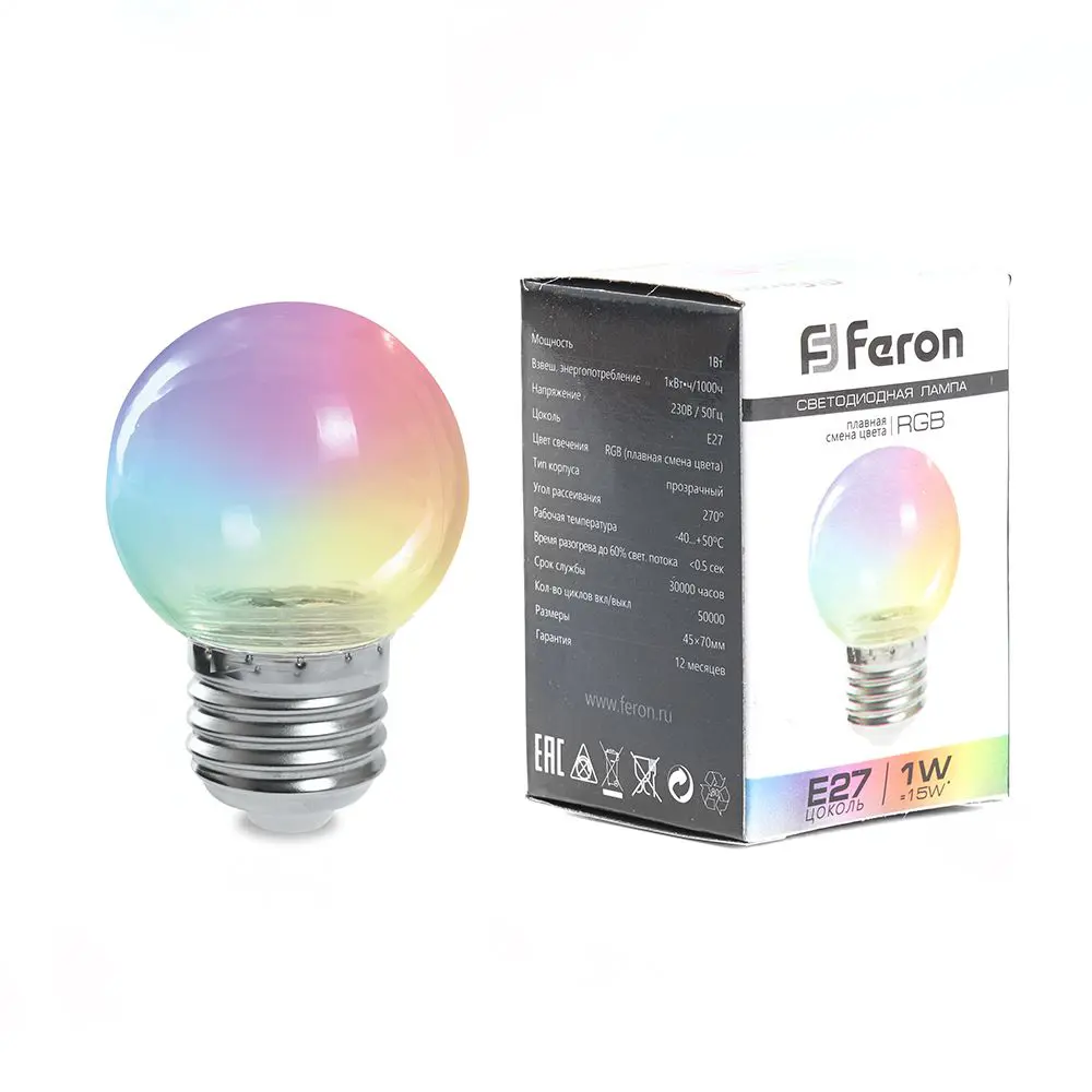 Лампа светодиодная Feron E27 LB-37 220 В 1 Вт шар быстрый регулируемый цвет света RGB 85499845 STLM-2108707  - Вид №1