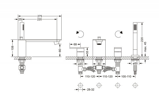 Смеситель для ванны на 4 отверстия ½“, монтаж на борт ванны JOERGER Plateau 630.40.100.000 - Вид №1