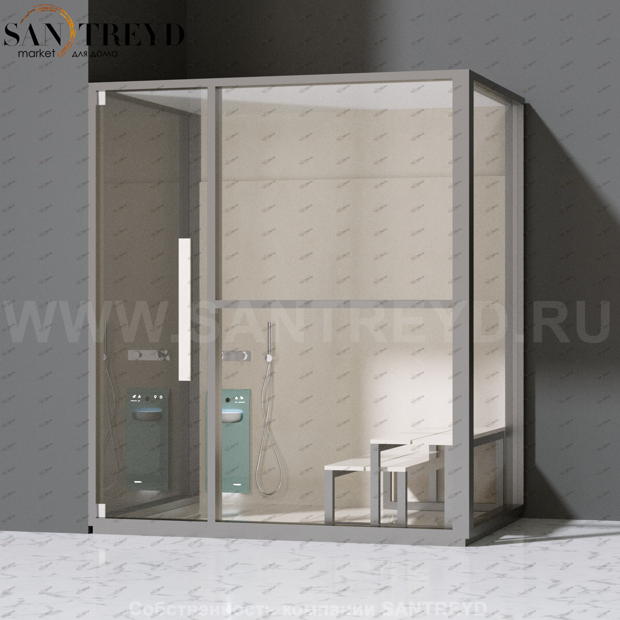 Effegibi H LARGE LO80010003 Комбинированная баня: хаммам и душ. Установка: в левый угол. Правая дверь. Мощность: 4,5 кВт макс. Размеры: длина 173 см, ширина 102 см. Отделка: матовый лакированный серый аллюминий и бежевый ламинат из керамогранита.