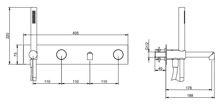 Набор латунных настенных ванн с ручным душем Rubinetterie Treemme T30 ARCH-00061759 - Вид №2
