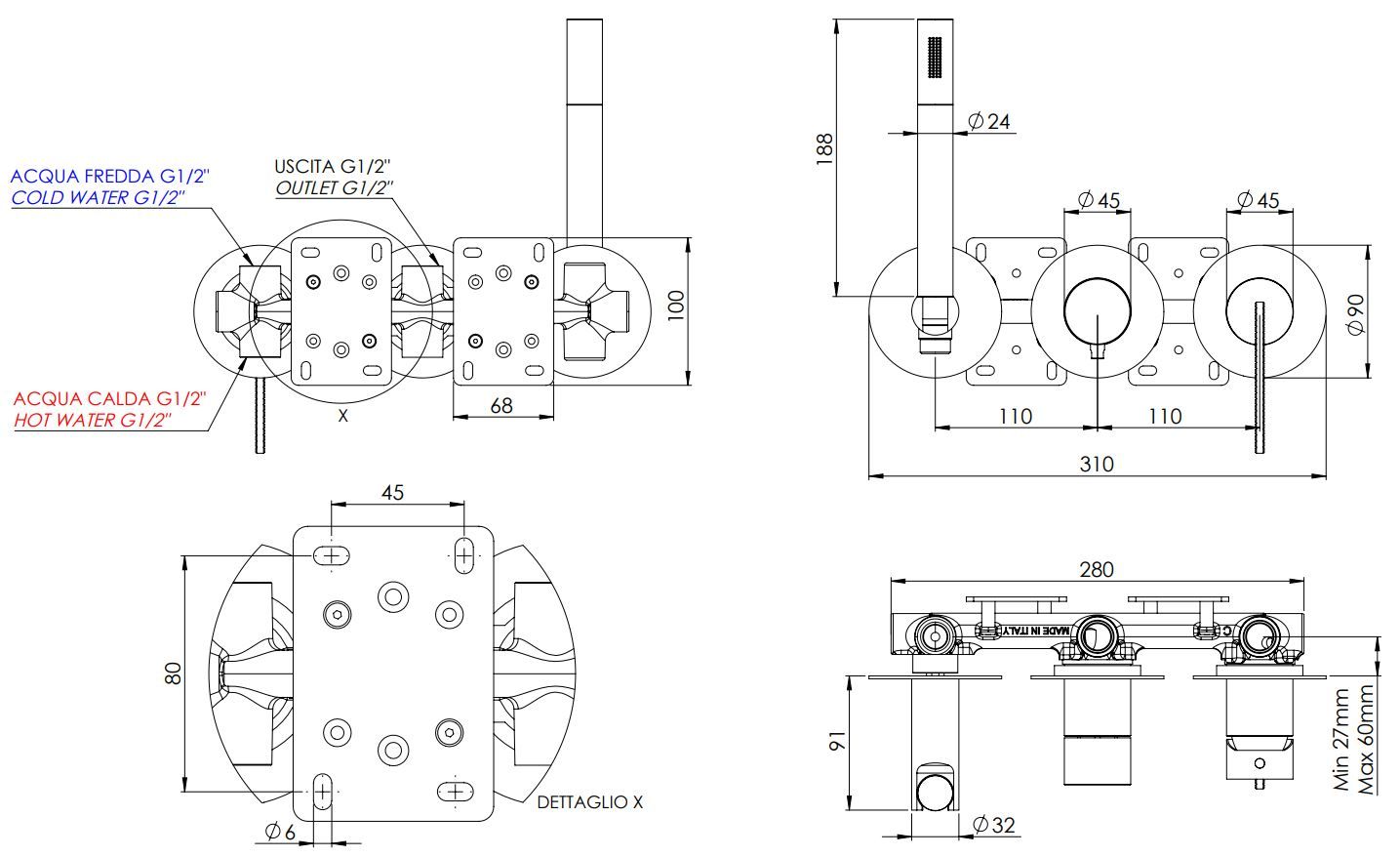 Однорычажный смеситель для душа с 3 отверстиями и ручным душем Daniel Rubinetterie клуб ARCH-00118863