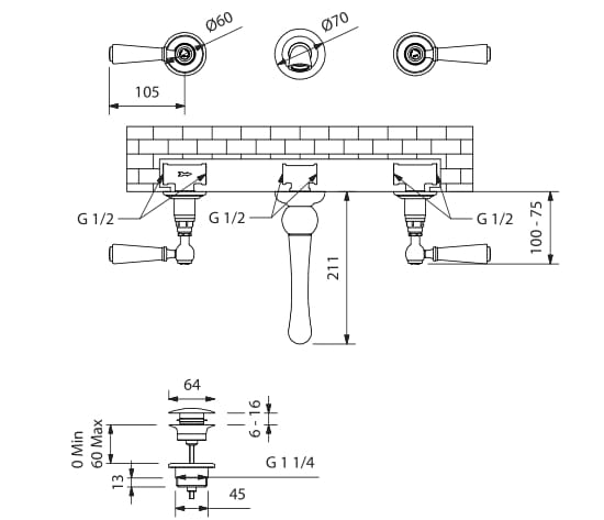 Настенный смеситель для раковины с раздельными розетками Park Avenue Astaire ARCH-00063729 - Вид №2