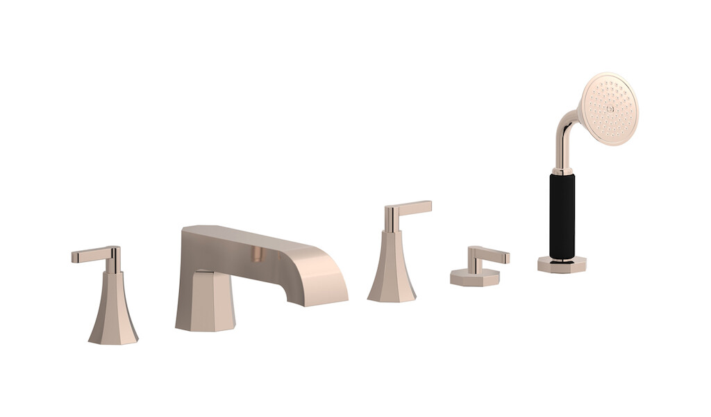 Смеситель на бортик ванной на 5 отверстий с дивертером и душевым гарнитуром. WE ARE IB bl396rs Rose Gold Belmondo 