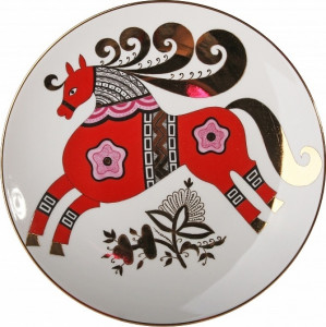 1045894 Императорский фарфоровый завод Тарелка декоративная 19,5см "Красный конь" "Эллипс" Фарфор твердый