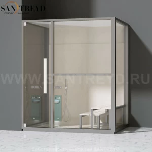 Effegibi H LARGE LO80010003 Комбинированная баня: хаммам и душ. Установка: в левый угол. Правая дверь. Мощность: 4,5 кВт макс. Размеры: длина 173 см, ширина 102 см. Отделка: матовый лакированный серый аллюминий и бежевый ламинат из керамогранита.