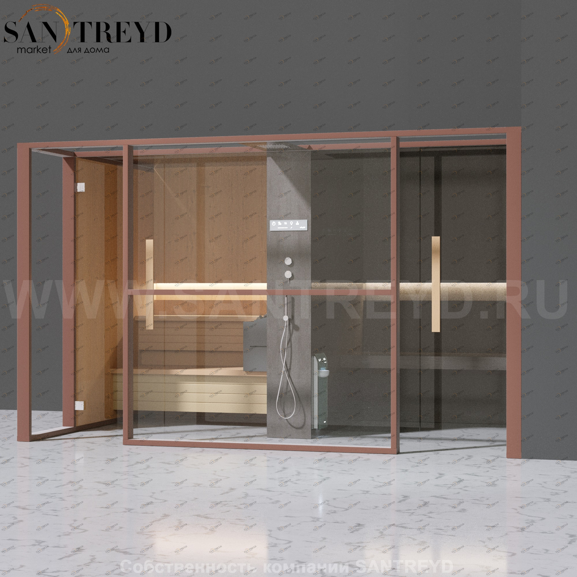 Effegibi LOGICAFILO LO11030003 Комбинированная баня: хаммам и сауна. Установка: в правый угол. Мощность: 10,5 кВт макс. Размеры: длина 373 см, ширина 250 см. Отделка: канадский хемлок, матовый лакированный коричневый аллюминий и темный ламинат из керамогр