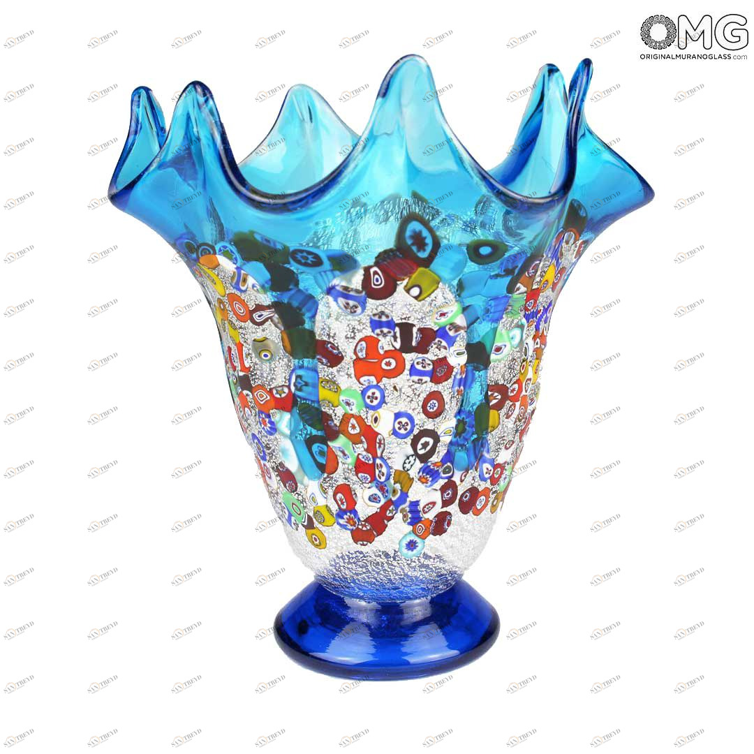 3055 ORIGINALMURANOGLASS Ваза Лазурный гибискус - серебро и миллефиори - Original Murano Glass OMG 18 см 