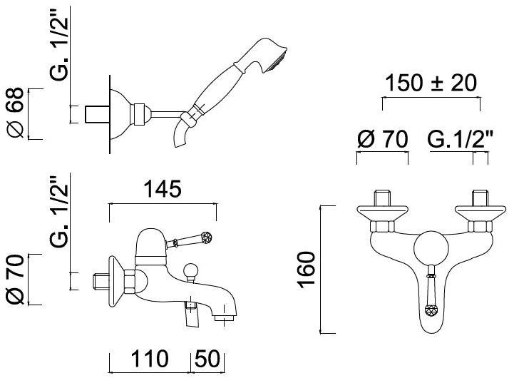 Rubinetteria Giulini Смеситель для ванны настенный однорычажный с ручным душем Symphony 4301 - Вид №1