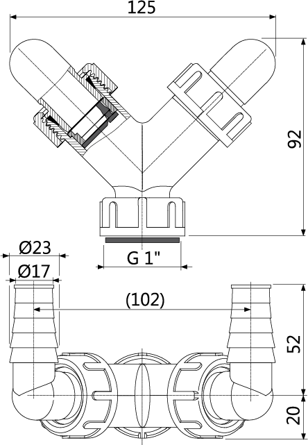 Колено с двумя штуцерами G1"/17–23 с клапанами ALCAPLAST P148Z - Вид №1