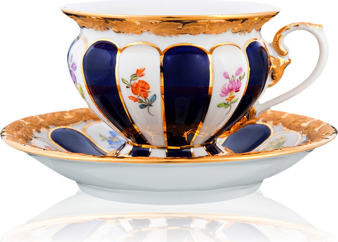 101334 Meissen Чашка чайно-кофейная с блюдцем 160мл "Форма - Икс" (россыпь цветов, кобальт) Фарфор 