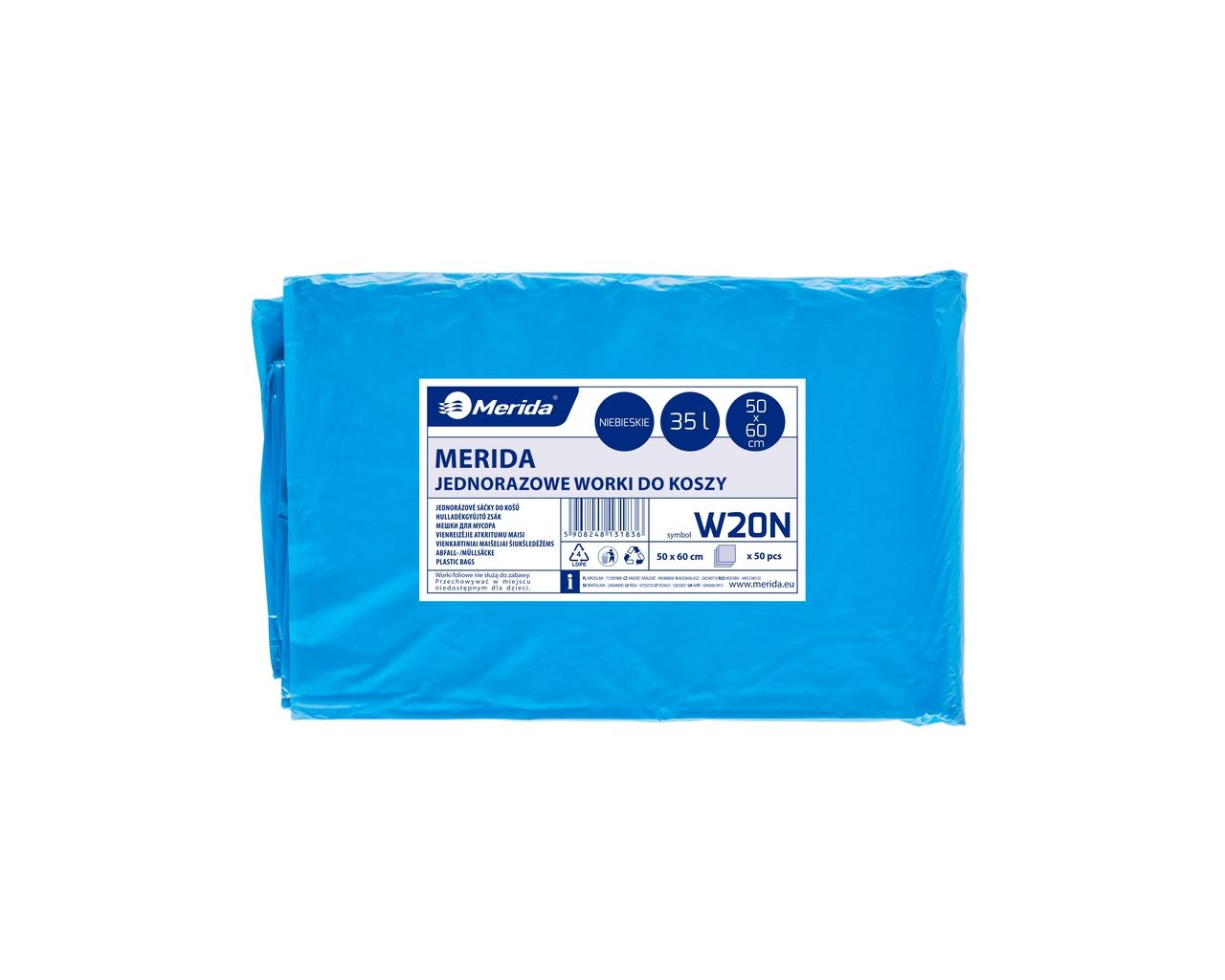 W20N Одноразовые мешки для мусора, 50 x 60 см, вместимость 35 л, 50 шт. в упаковке, СИНИЙ, LDPE Merida 