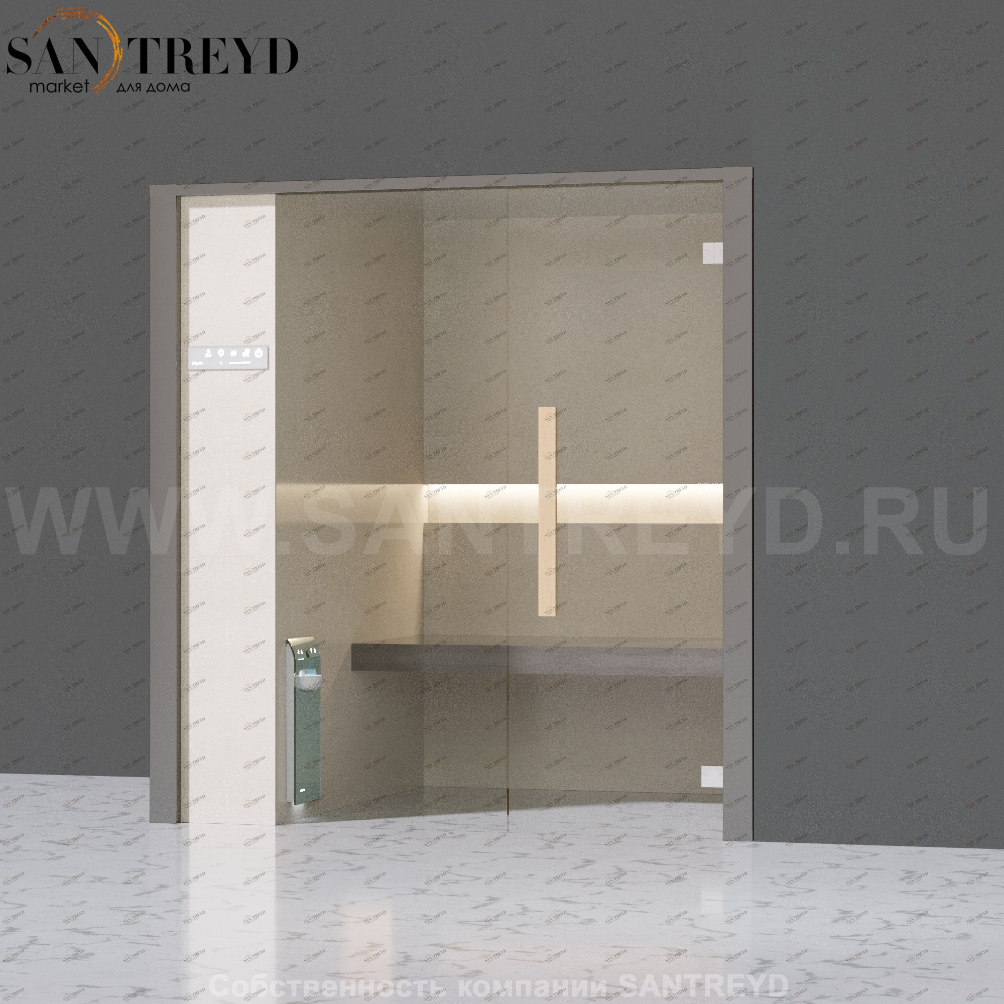 Effegibi ONEFILO H LO61010008 Хаммам. Установка: в правый угол. Левая дверь. Мощность: 4,5 кВт макс. Размеры: длина 214 см, ширина 171 см. Отделка: матовый лакированный серый аллюминий и бежевый ламинат из керамогранита.