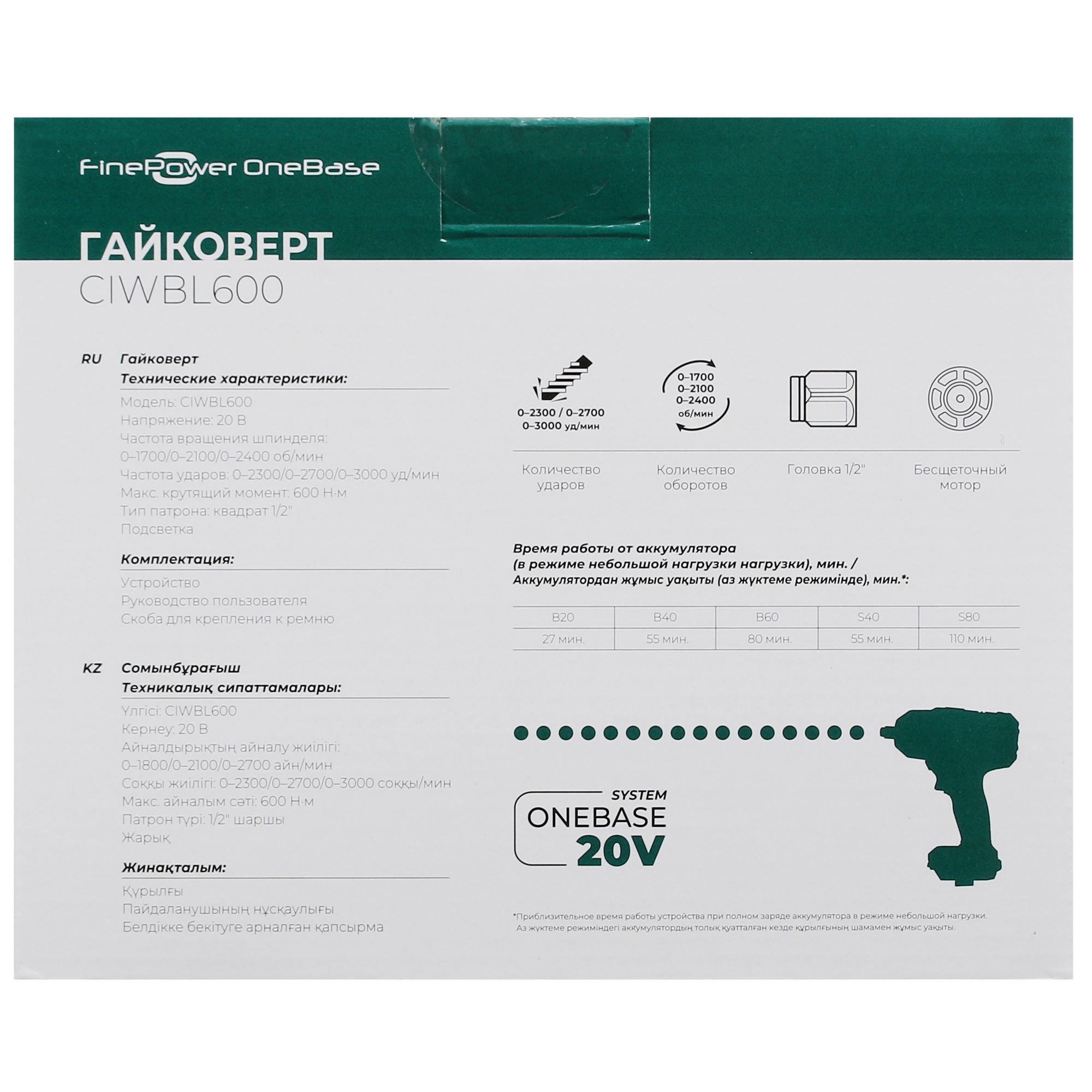 Гайковерт FinePower OneBase CIWBL600 OneBase20  , Без АКБ 4891327 STDN-0070100 - Вид №6