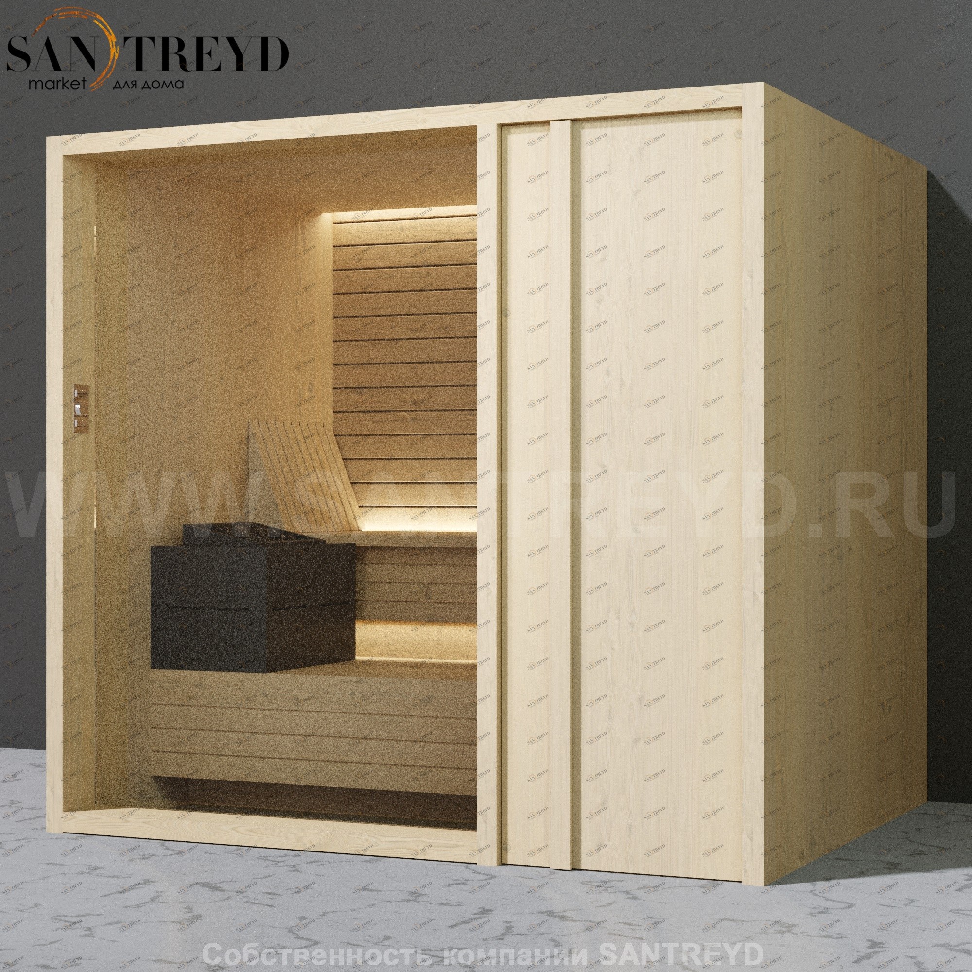 Effegibi YOKU.D105 SA.70200003 Сауна с правой дверью. Мощность: 10,5 кВт макс. Размеры: длина 230 см, ширина 200 см. Отделка: осина термообработанная SA70200003