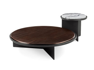 Круглый журнальный столик с металлической рамой и деревянной и мраморной столешницей