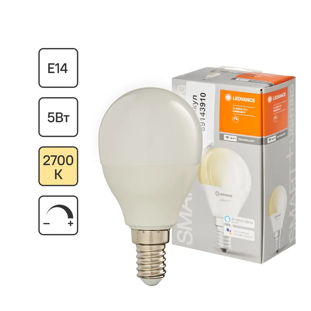 Лампа умная светодиодная Wi-Fi Osram Smart Plus E14 220-240 В 5 Вт шар малый матовая 470 лм теплый белый свет LEDVANCE STLM-2002666