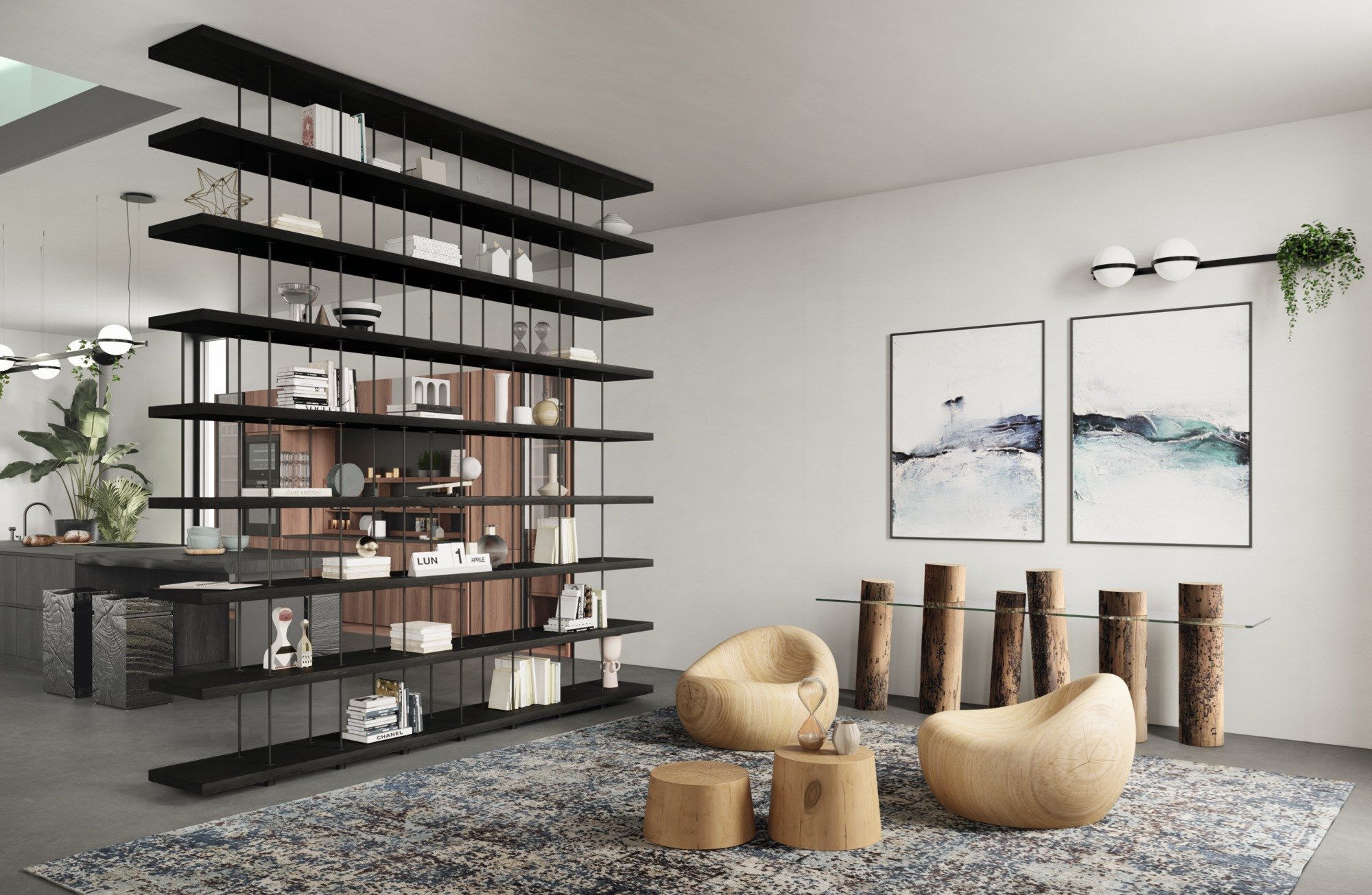 Двухсторонний книжный шкаф из массива дерева и планки Riva 1920 этаж ARCH-00025314 - Вид №1