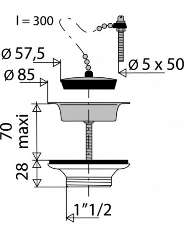 701100 000 00  Пробка и цепной стопор для мойки Д. 60 мм, зажим 0/70 мм, NF, нержавеющая сталь Valentin Сталь  - Вид №2