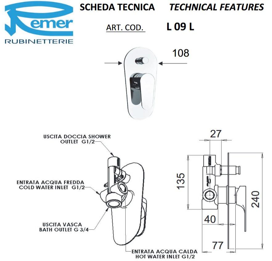Remer Rubinetterie Смеситель для душа, однорычажный, с переключателем Class line L 09 l - Вид №2