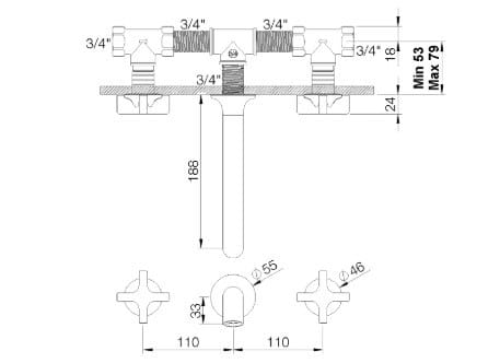 Хромированная латунь 3 отверстия настенный смеситель для раковины rvb TIMES ARCH-00088101 - Вид №1