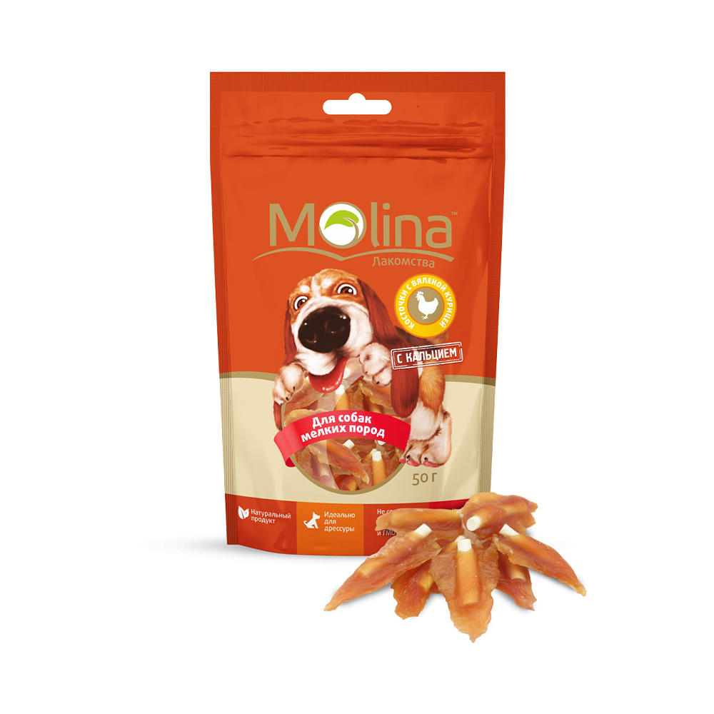 ПР0058721 Лакомство для собак для мелких пород Косточки с вяленой курицей 50г Molina 