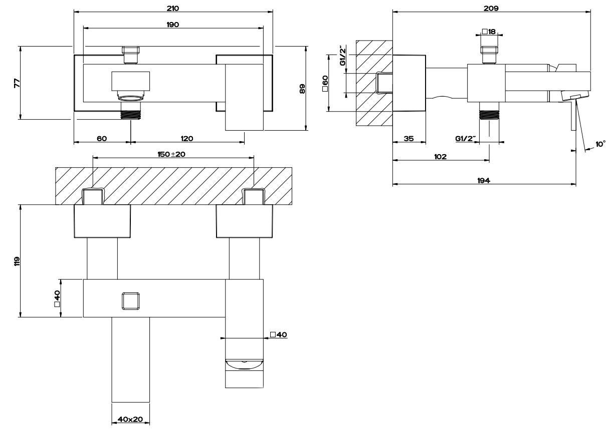 Смеситель для ванны с 2 отверстиями из латуни с переключателем Gessi прямоугольник ARCH-00110830 - Вид №2