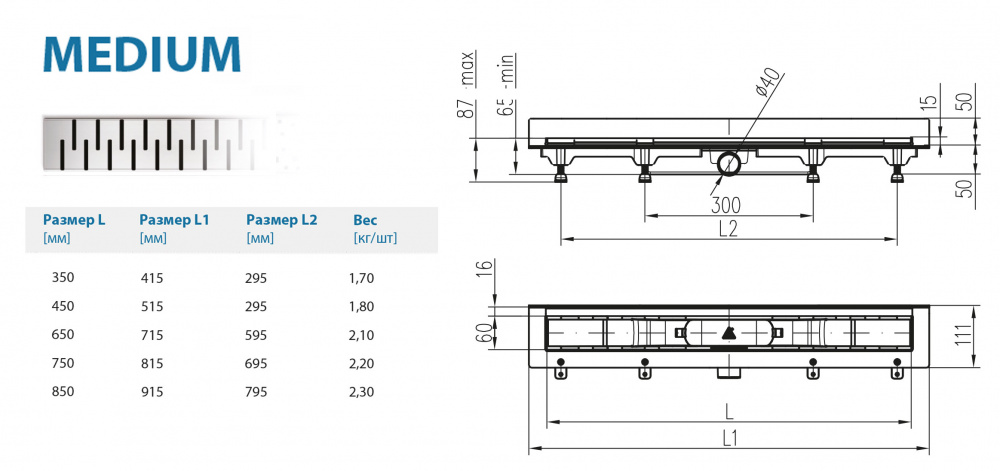Водоотводящий желоб ALPEN Medium ALP-650MN2 к стене с рамкой  - Вид №1