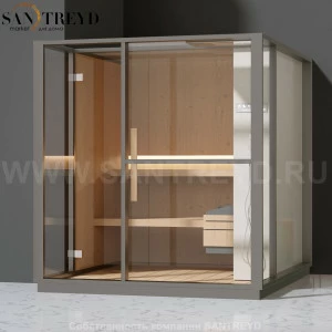 Effegibi LOGICA S LO20010013 Сауна. Установка: в левый  полуугол. Правая дверь. Мощность: 6 кВт макс. Размеры: длина 214 см, ширина 250 см. Отделка: канадский хемлок, матовый лакированный серый аллюминий и бежевый ламинат из керамогранита.