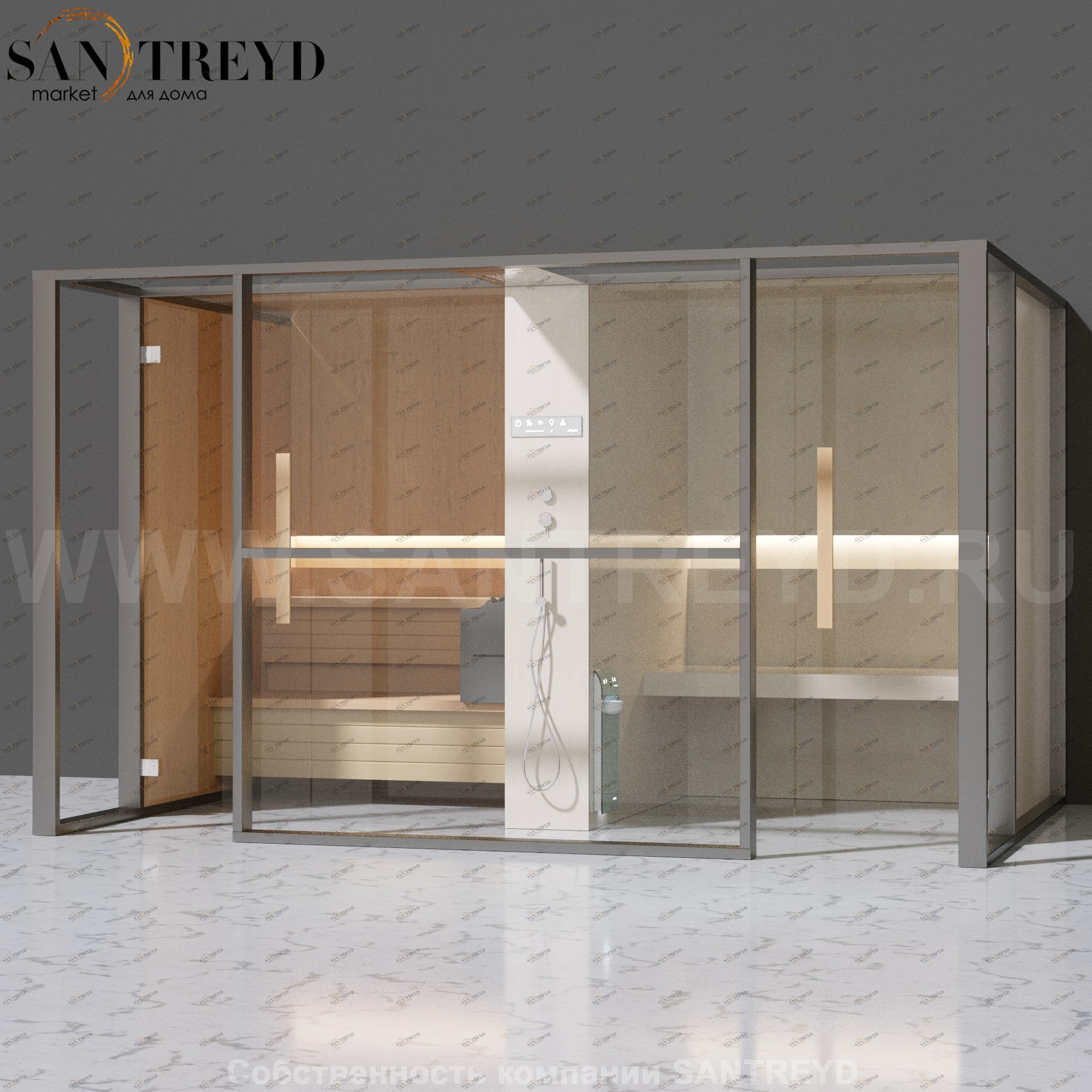 Effegibi LOGICAFILO LO11010004 Комбинированная баня: хаммам и сауна. Установка: к стене. Мощность: 10,5 кВт макс. Размеры: длина 373 см, ширина 250 см. Отделка: канадский хемлок, матовый лакированный серый аллюминий и бежевый ламинат из керамогранита.