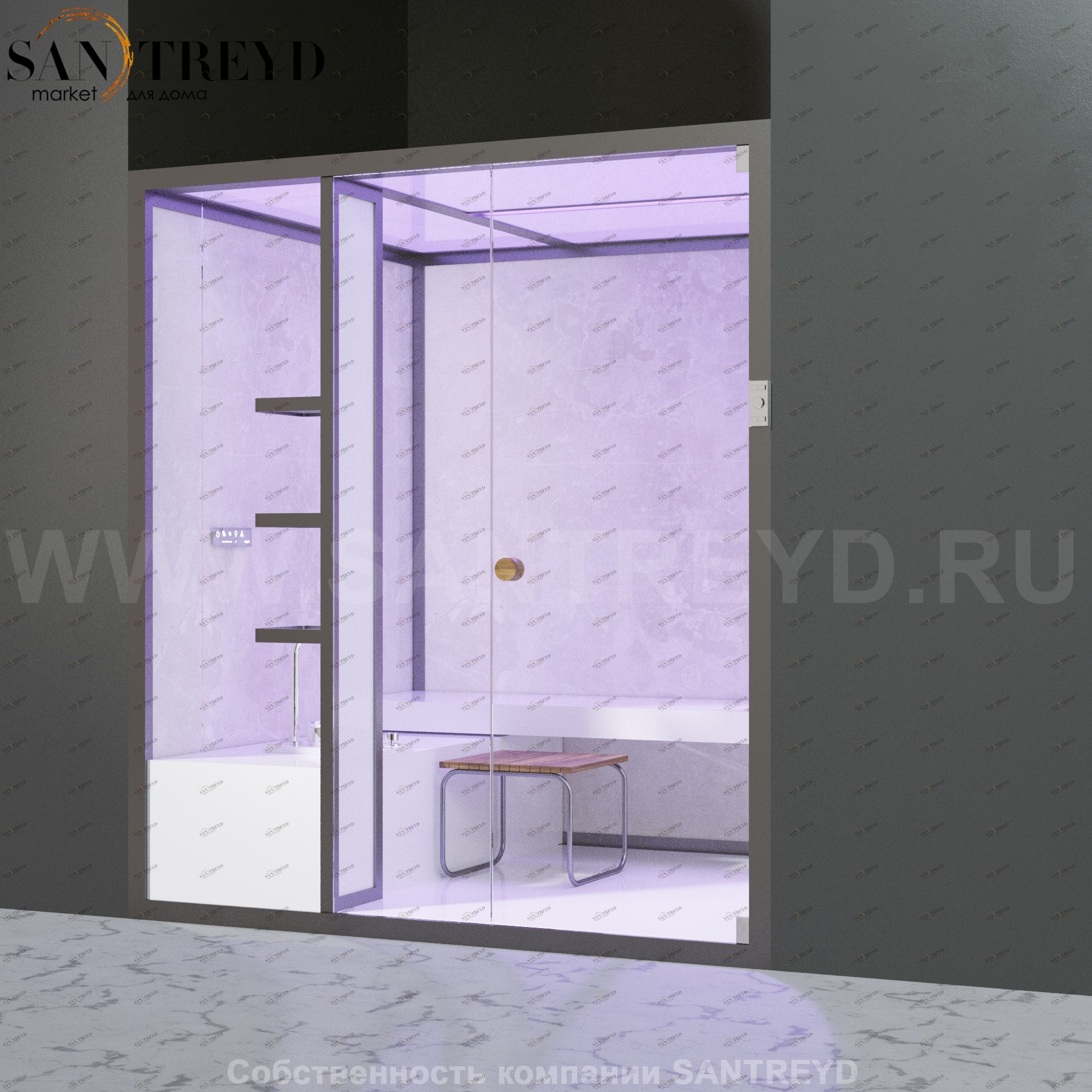 Effegibi BODYLOVE H BL30010001 Хаммам. Установка: в нишу. Мощность: 7 кВт макс. Размеры: длина 200 см, ширина 176 см. Отделка: светлый керамогранит.