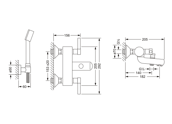 Смеситель для ванны с душевым гарнитуром ½“, настенный монтаж JOERGER Charleston Royal 615.20.100.000 - Вид №1