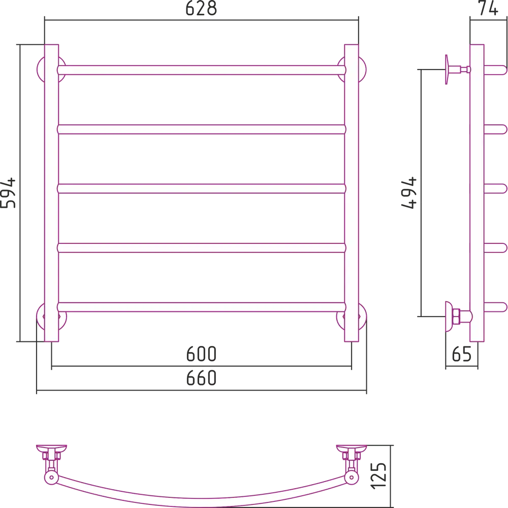 Полотенцесушитель водяной Сунержа ВПС-52П 60x60 мм нержавеющая сталь 3/4" цвет хром STLM-2198825 - Вид №3