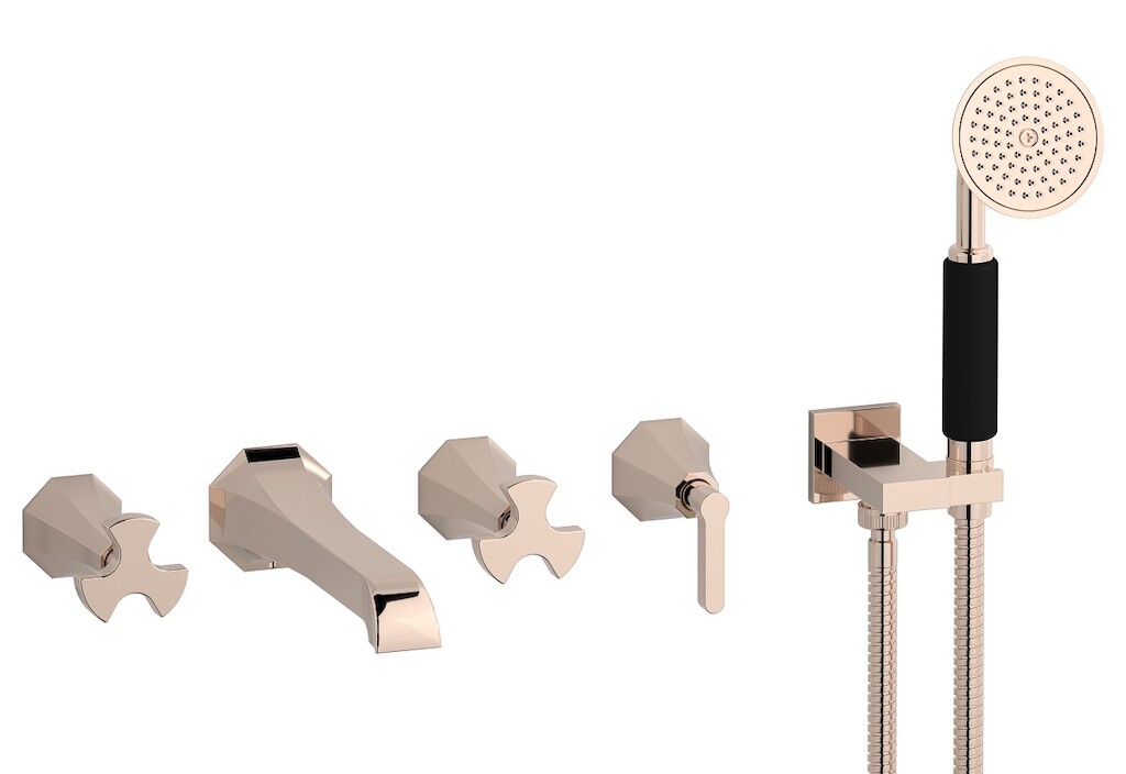 Настенный смеситель для ванной на 5 отверстий с дивертером и душевым гарнитуром. WE ARE IB bt398rs Rose Gold Belmondo 