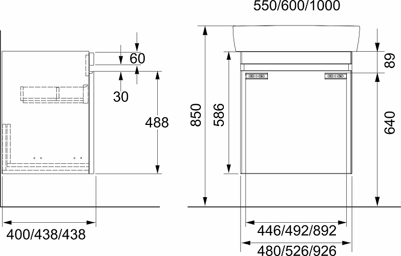 44760 IFO Renova Плоская тумба для умывальника, с ящиком и внутренним ящиком, W = 524 мм, W1 = 600 мм, T = 438 мм, темно-серый  - Вид №11