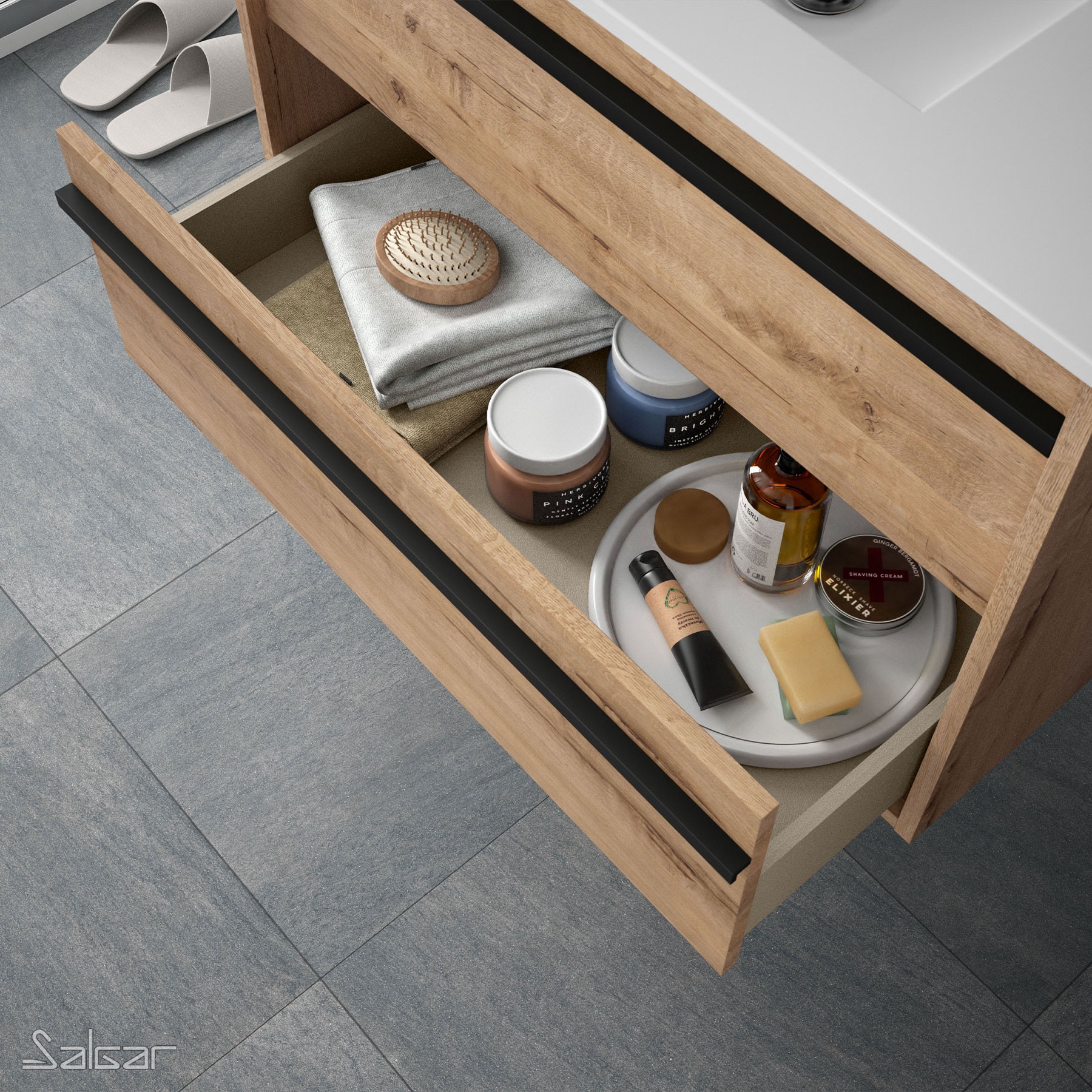 84938 SALGAR Комплект мебели для ванной ATTILA 600 OSTIPPO OAK + Раковина + Зеркало + Свет Робл Остиппо - Вид №2