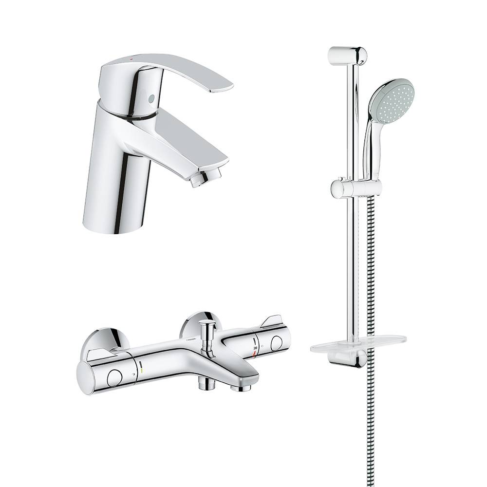 Промо-комплект GROHE Grohtherm 800: Термостатический смеситель для ванны, смеситель для раковины и душевой гарнитур, хром (124350)