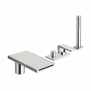 CRIPF181 Смеситель для ванны, монтируемый на палубе, на 4 отверстия, с переключателем, изливом, выдвижным ручным душем с защитой от известкового налета, FOLLOW ME и металлической пластиной Cristina Rubinetterie