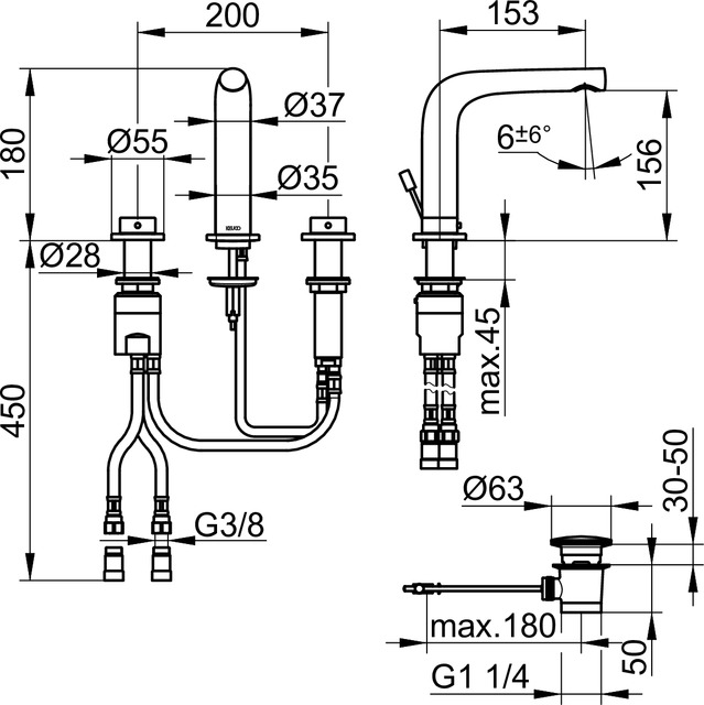 51515010000 Смеситель для умывальника на 3 отверстия 150 KEUCO Edition 400 - Вид №2
