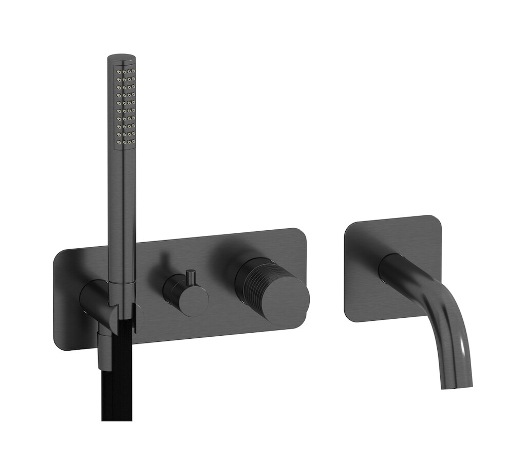 Настенный смеситель для ванной на дивертером и душевым гарнитуром. WE ARE IB ga398cs Brushed Black Chrome Gatsby