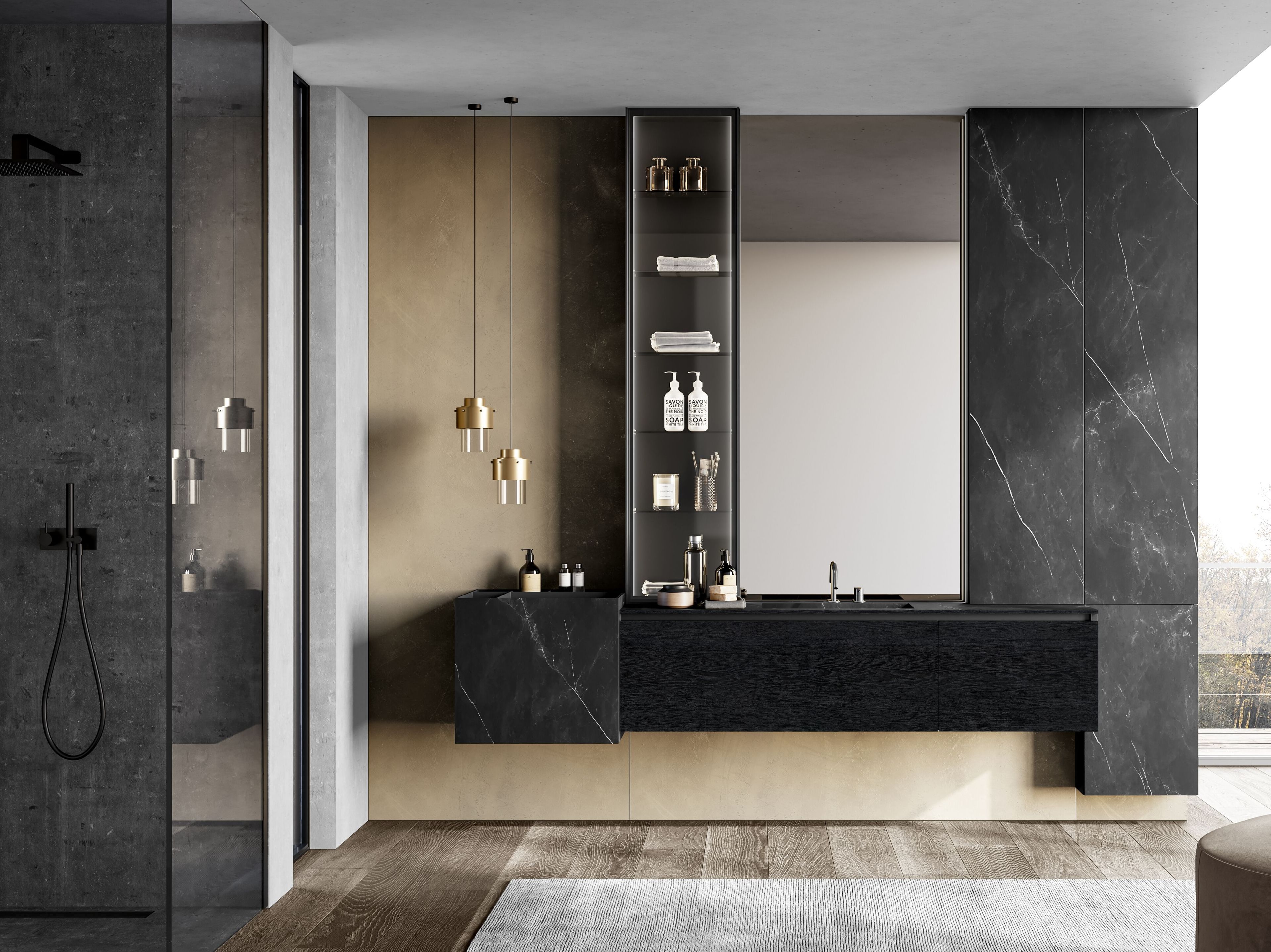 Шкаф для умывальника из керамогранита с зеркалом и колоннами Birex Facto ARCH-00109952